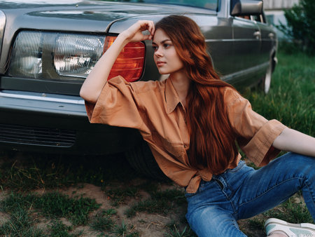 Young woman in casual outfit sitting by a vintage car, expressing thoughtful emotion, captured in...