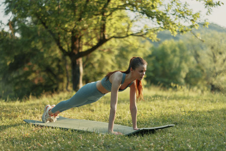 Young athletic woman performing push ups on a yoga mat in a lush green park during summer,...