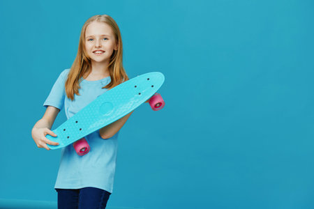 Cheerful girl with long hair holding a blue skateboard against a vibrant blue background, showcasing youthfulness and fun in summer fashionの写真素材