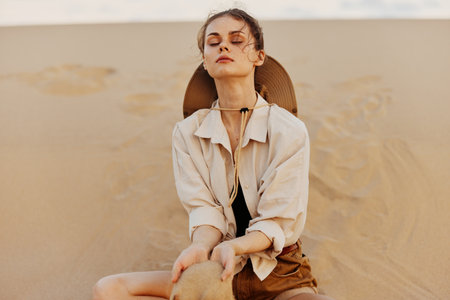Woman sitting in sand with hands on hips and hat on head enjoying a sunny day at the beachの写真素材