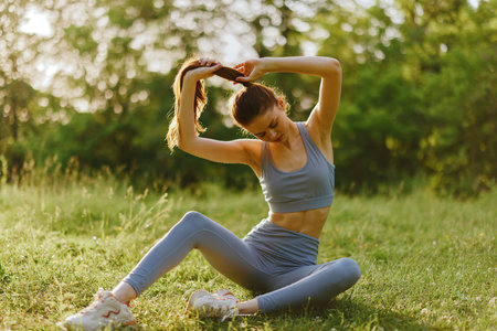 Young woman practicing yoga outdoors in a green park, wearing sporty attire and showing a focused expression while stretching her bodyの写真素材