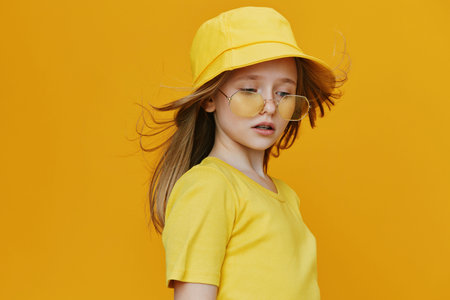Portrait of a young girl wearing a yellow bucket hat and sunglasses, showcasing carefree emotions...
