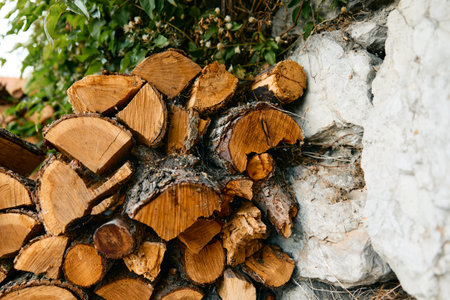 rustic firewood stack leaning on stone wall with tree trunk background in peaceful outdoor settingの写真素材