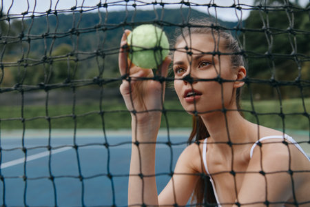 Young athletic woman peering through tennis net while holding tennis ball, expressing focus and determination on a sunny day outdoorsの写真素材