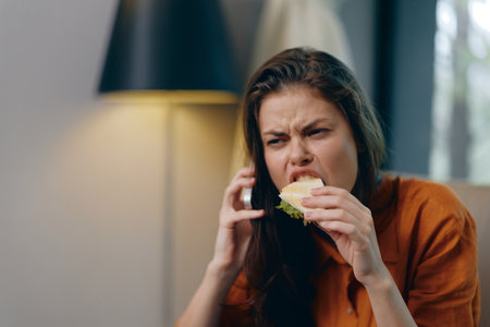 A frustrated young woman with long brown hair bites into a sandwich, expressing irritation in a modern indoor setting with warm tonesの写真素材
