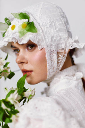Elegant young woman in a vintage white dress, adorned with flowers, exuding a serene expression, showcasing delicate beauty and spring themesの写真素材