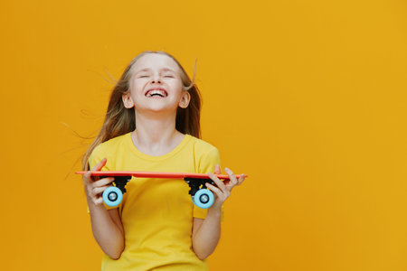 Happy girl holding skateboard, wearing yellow shirt, with joyful expression against bright yellow background, showcasing youth and energyの写真素材