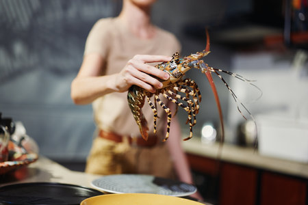 Woman cooking a lobster on a stove top in the kitchen, preparing a gourmet seafood dishの写真素材