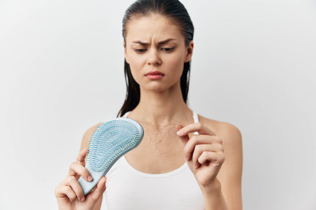 Woman examining hair loss with a hairbrush, displaying concern and frustration against a light grey background Natural lighting highlights the strands of hair on the brushの写真素材