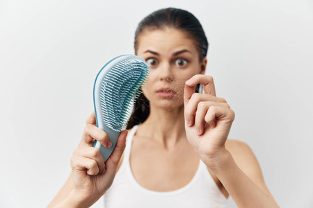 Hair loss, concern, personal care, grooming, woman inspecting hair strands, anxious expression, beauty routine, health awareness, indoor setting, light backgroundの写真素材