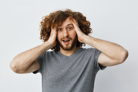 Surprised male model with curly hair expressing excitement against a neutral background, showcasing joy and spontaneity in everyday lifeの写真素材