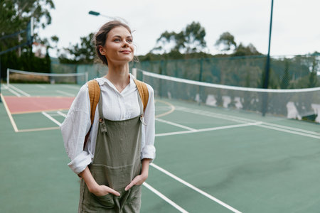 Young female tennis player in casual overalls, joyful expression on a tennis court, greenery in the background, showcasing a sporty, vibrant lifestyle and spring vibeの写真素材