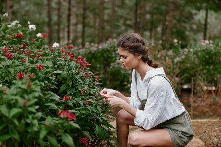 Young woman picking flowers in a lush garden, wearing a casual outfit, showcasing emotions of joy and tranquility amidst vibrant greenery, perfect for nature conceptsの写真素材