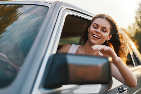 Happy young woman enjoying a road trip, smiling and waving from a car window, surrounded by a sunny backdrop, embodying freedom and adventure.の写真素材