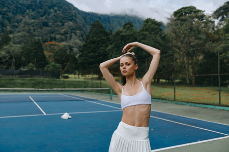 A fit young woman in a sporty outfit posing confidently on a tennis court, surrounded by lush greenery and mountains under a cloudy skyの写真素材