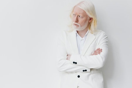 Professional looking man with long white hair in a stylish white suit, standing against a minimalist...