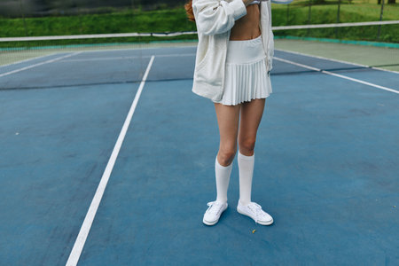 Young female athlete in a sporty white outfit poses confidently on a tennis court, showcasing an active lifestyle and the spirit of competitionの写真素材
