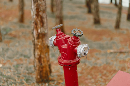 Red fire hydrant in a forest setting, surrounded by trees and dry leaves, evoking a sense of nature and safety in urban environmentsの写真素材