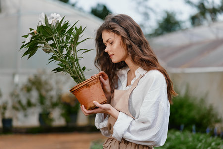 Young woman in a greenhouse caring for a potted plant, showcasing a passion for gardening and nature s beauty in a serene, natural environmentの写真素材