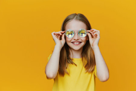 Happy girl wearing colorful sunglasses and a yellow t shirt, smiling joyfully against a bright yellow background, ideal for summer themed content and cheerful imageryの写真素材