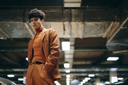 Stylish young man in a brown outfit standing confidently in a modern underground parking garageの写真素材