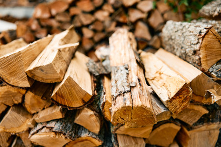 rustic firewood stack with logs and kindlingの写真素材