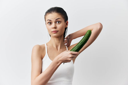 Woman holding cucumber near her arm, expressive face, fresh and healthy concept, minimalistic background, simple and clean aesthetics, emphasizes beauty and wellnessの写真素材