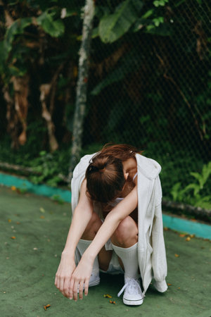 A young woman with long brown hair, dressed in a white hoodie and knee high socks, reflects in a moment of contemplation on a green urban court surrounded by lush foliageの写真素材