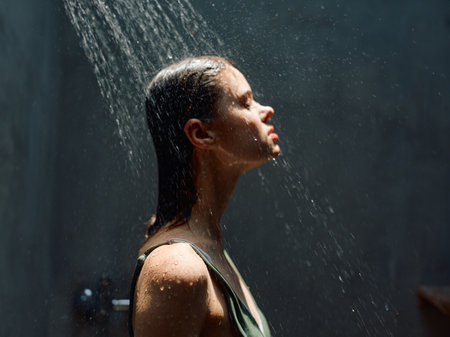 Refreshing moment of a woman standing under a shower head with water flowing over her headの写真素材
