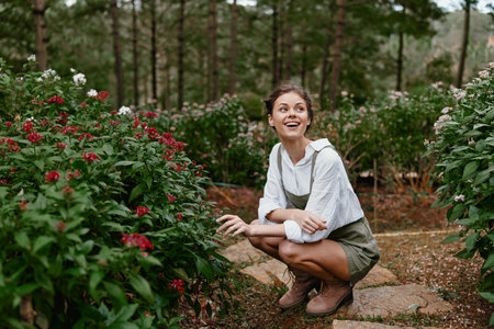Happy young model enjoying nature in a garden full of blooming flowers, wearing casual clothes and smiling under a sunny skyの写真素材