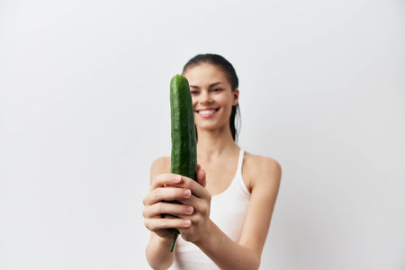 Happy woman holding a cucumber in a bright, minimalistic setting with a light background Smiling and playful pose conveys freshness and healthy lifestyleの写真素材