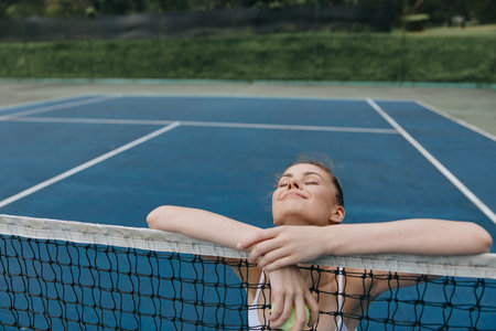 Young woman in sports attire relaxing by a tennis net, enjoying a break on a blue court, radiating happiness and energy, capturing the essence of active lifestyleの写真素材
