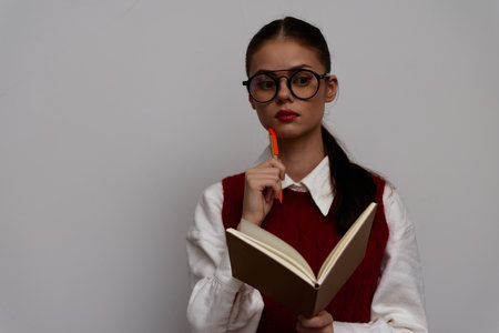 thoughtful student with notebook, wearing glasses, deep in thought, modern education concept, creative background, engaging expression, inspiring learning atmosphere, introspective lookの写真素材