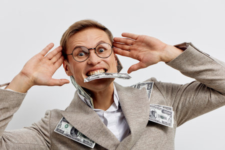 excited man with glasses in coat biting cash holding hands near head studio portrait digital nomad...