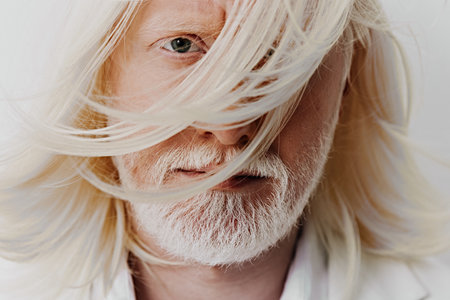 Portrait of a man with long white hair and a beard, showcasing his intense gaze against a soft white background The flowing hair adds a dramatic touch to the serene expressionの写真素材