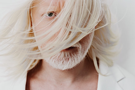 Portrait of a person with long white hair partially obscuring their face, conveying mystery and intrigue, set against a neutral white backgroundの写真素材