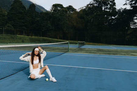Young athletic woman in sporty white outfit showing joy on outdoor tennis court, vibrant colors, captured during summer, represents active lifestyleの写真素材