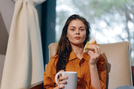 Young woman enjoying healthy snack and beverage at home, creating a cozy atmosphere with natural...
