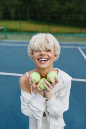 Young woman with a short blonde hairstyle joyfully holding green apples on a tennis court, exuding a vibrant and healthy lifestyleの写真素材