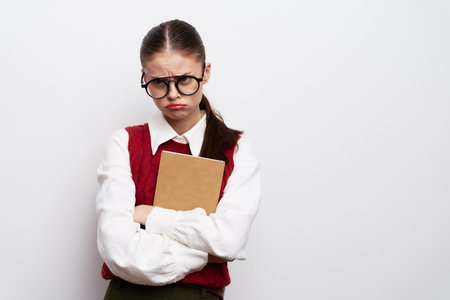 Sad girl with glasses holding a book, looking displeased, wearing a red vest over a white shirt, set against a plain white background Expressions of disappointment and frustrationの写真素材
