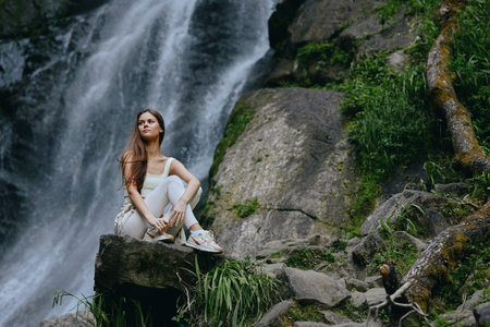 young woman sitting on rock near waterfall surrounded by green foliage and moss-covered stones, wearing white outfit and sneakers, outdoor nature sceneの写真素材