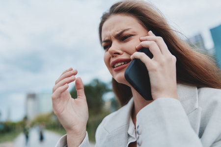 upset woman talking on phone showing stress and anxiety in outdoor urban setting with blurred city background and casual jacketの写真素材