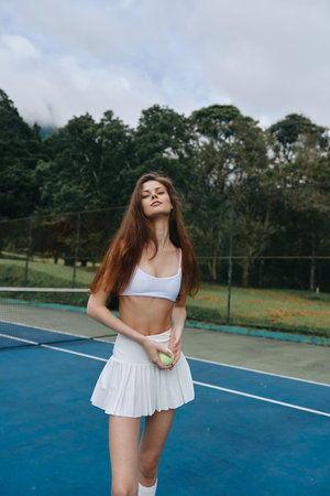 Young athletic woman in a white sports outfit, exuding confidence on a tennis court, showcasing healthy lifestyle and fitness enthusiasmの写真素材