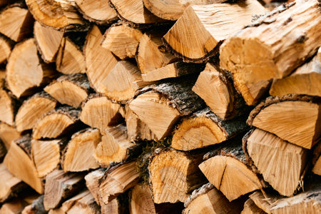 Burning bright a pile of wood stacked in front of a wall of firewood in the flamesの写真素材