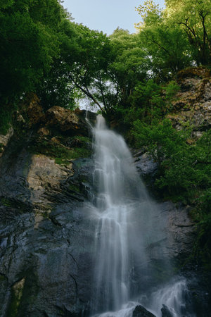 Natural waterfall cascading down rocky cliff surrounded by lush green forest, clear flowing water, peaceful outdoor landscape with vibrant foliage and tranquil atmosphere.の写真素材