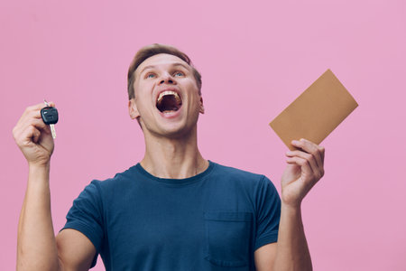 Happy young man with short brown hair, wearing casual blue t-shirt, holding car key and brown envelope, excited surprised expression, isolated on pink background, concept of success and achievement, lifestyle.の写真素材