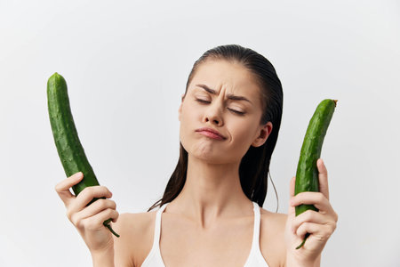 cucumber, freshness, beauty, model, healthy eating, emotions, expressions, white background, girl, vegetables, diet, facial expression, comparing, healthy lifestyleの写真素材