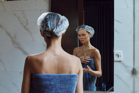 Woman in bathroom wearing shower cap and blue towel, looking at reflection in mirror, skincare routine, indoor, natural light, self-care moment.の写真素材