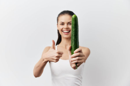 Woman holding a cucumber and showing a thumbs up, smiling cheerfully against a plain white background, capturing a sense of enjoyment and freshness in everyday lifeの写真素材