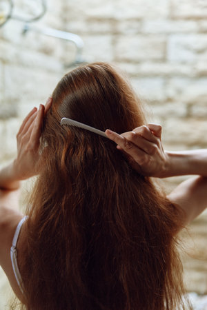 woman combing long brown hair in bathroom with stone wall background, self-care routine, natural light, indoor wellness moment, morning ritualの写真素材
